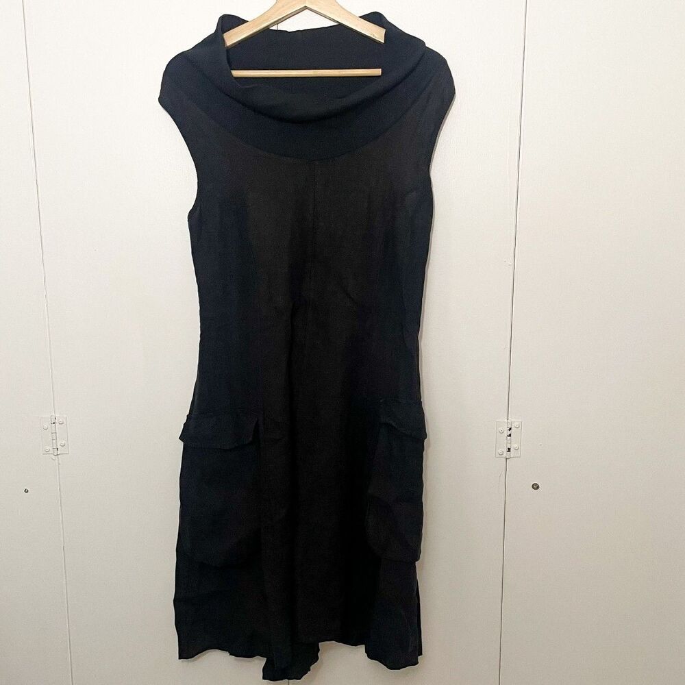 Inizio Maxi Dress Black Linen Lagenlook Pockets Art to Wear, Size Medium